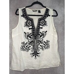 Jaime.b‎ Women's XL White Sleeveless Linen Top Black Embroidered Bohemian VNeck